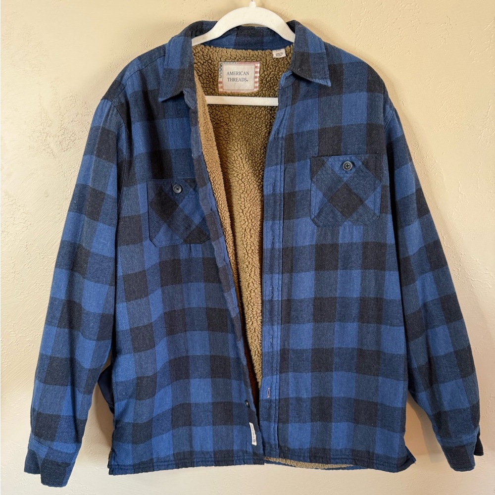 American Threads Blue & Black Plaid Sherpa Lined Shirt Jacket